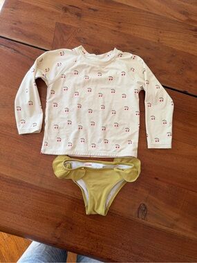 Cute Zara Cream Long-Sleeve Rashguard with Red Cherry Print and Bikini Bottom